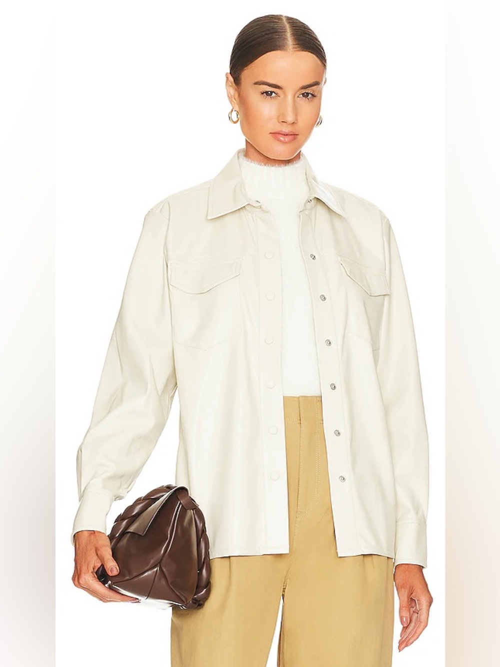 Good American Cream Button-Front Utility Shirt in Bone